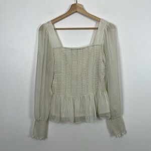 Nine West Square Neck Elastic Bodice Long Sheer Ballon Sleeve Pullover Crop Top